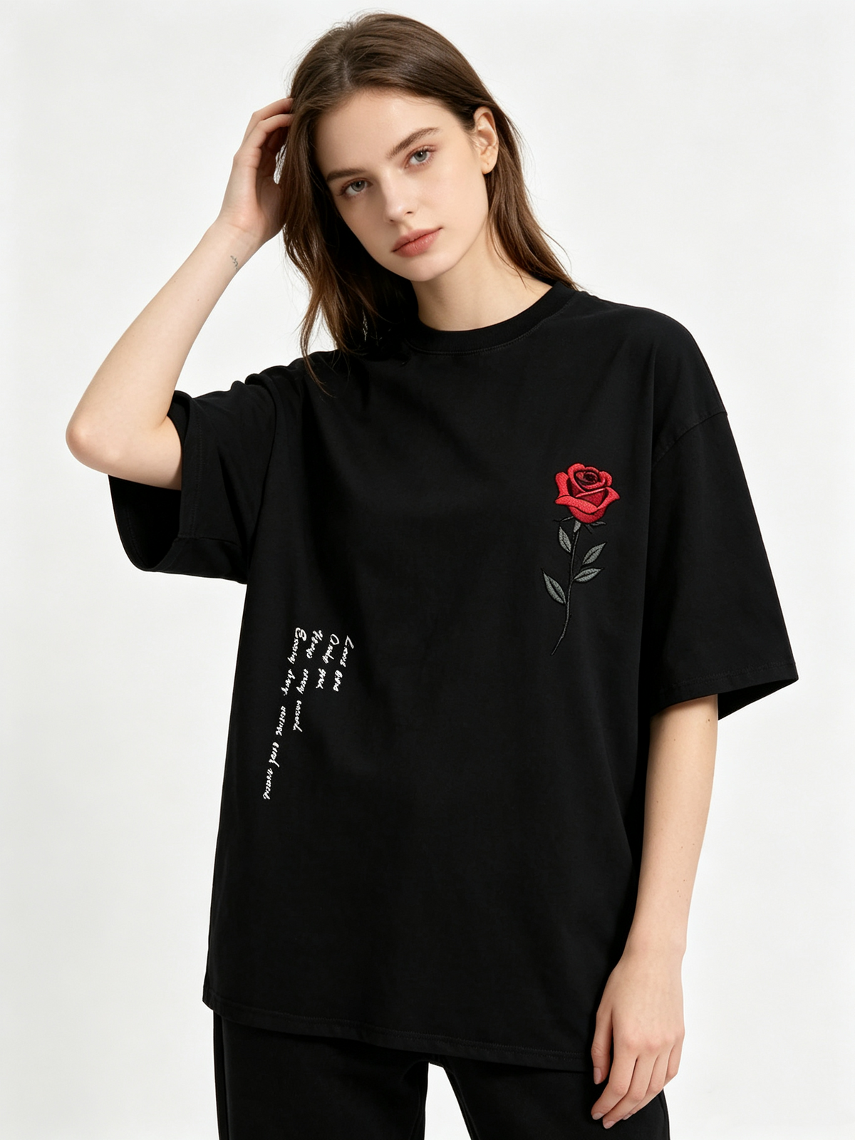 Women's Oversized Vintage-Style Washed Cotton T-Shirt – Featuring Red Rose Embroidery, Handwritten English Lettering on the Side, and an American Retro Aesthetic.