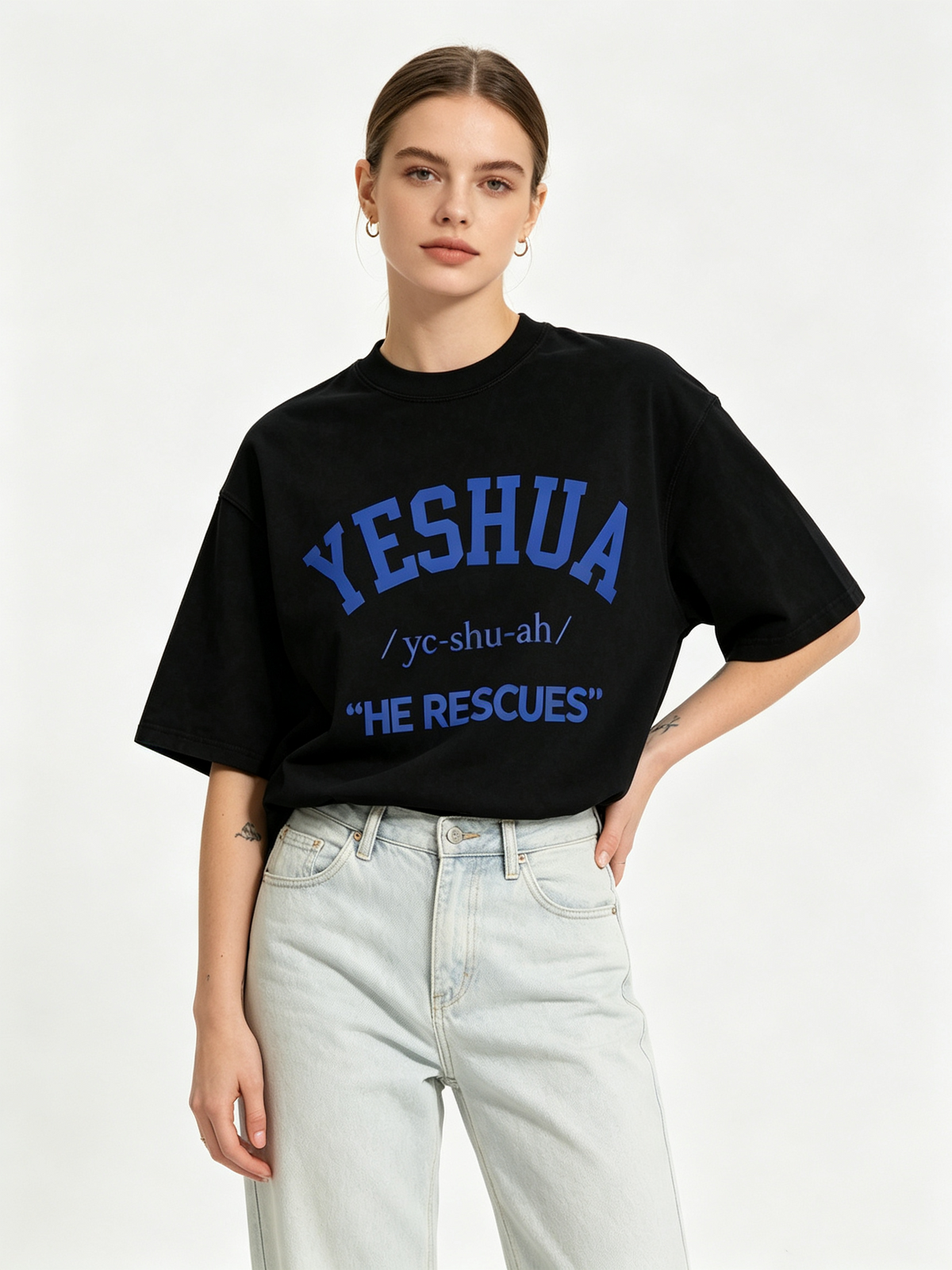 Women's Oversized Vintage-Style Washed Cotton Short-Sleeve T-Shirt – "YESHUA HE RESCUES" Faith Graphic Print
