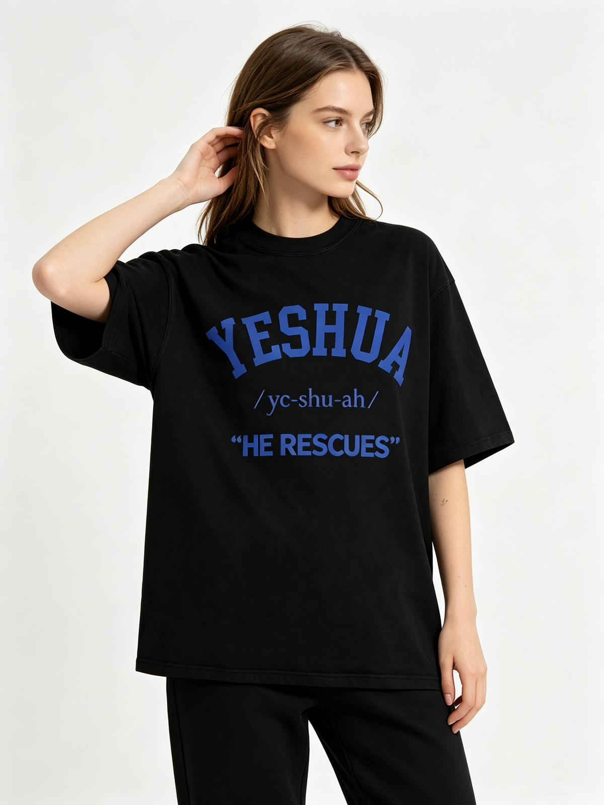 Women's Oversized Vintage-Style Washed Cotton Short-Sleeve T-Shirt – "YESHUA HE RESCUES" Faith Graphic Print