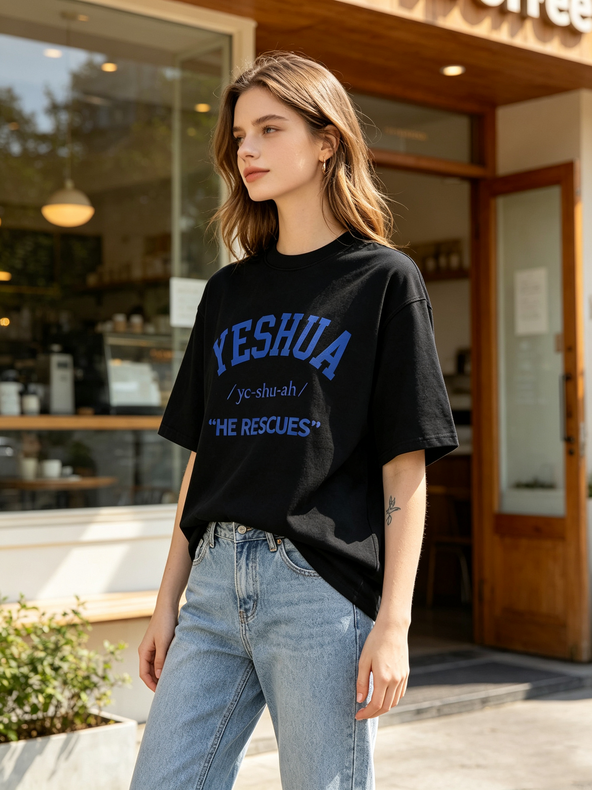 Women's Oversized Vintage-Style Washed Cotton Short-Sleeve T-Shirt – "YESHUA HE RESCUES" Faith Graphic Print