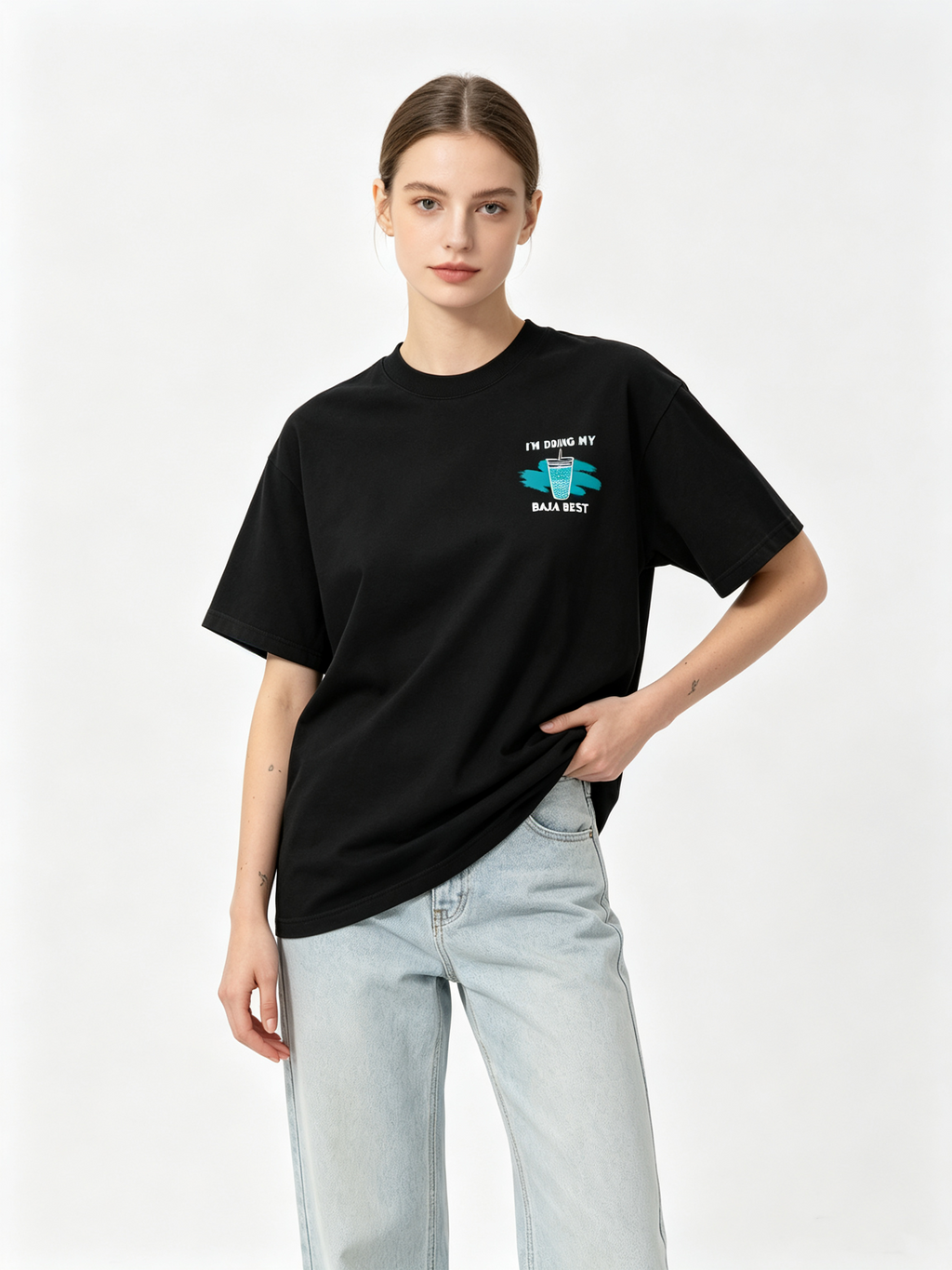 Women's Casual Cotton Crew-Neck T-Shirt with Fun Beverage-Themed Graphic Prints on Front and Back