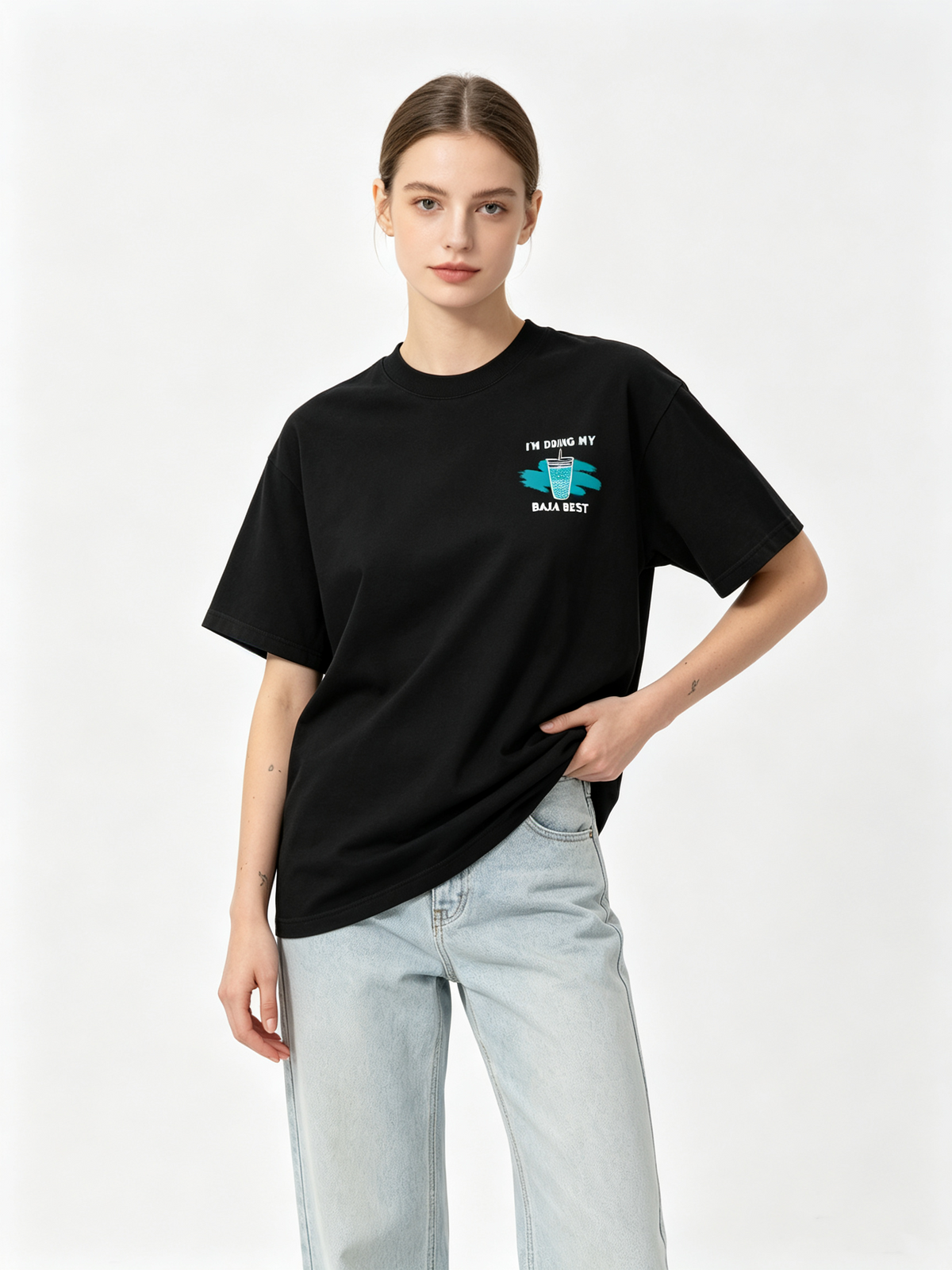 Women's Casual Cotton Crew-Neck T-Shirt with Fun Beverage-Themed Graphic Prints on Front and Back