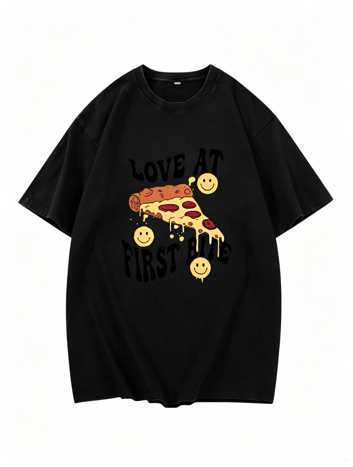 Women's Casual Crew-Neck T-Shirt: Pure Cotton with Fun Pizza-Smiley Print and Vintage Distressed Look