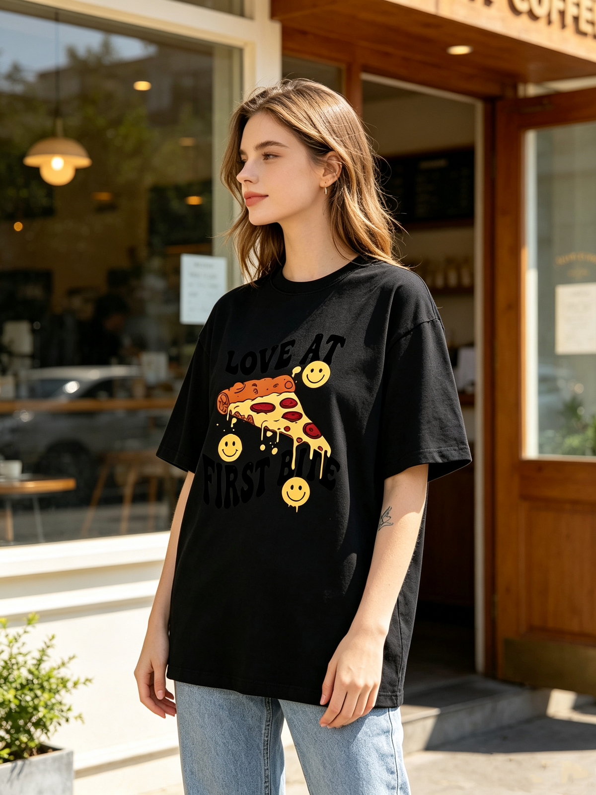 Women's Casual Crew-Neck T-Shirt: Pure Cotton with Fun Pizza-Smiley Print and Vintage Distressed Look