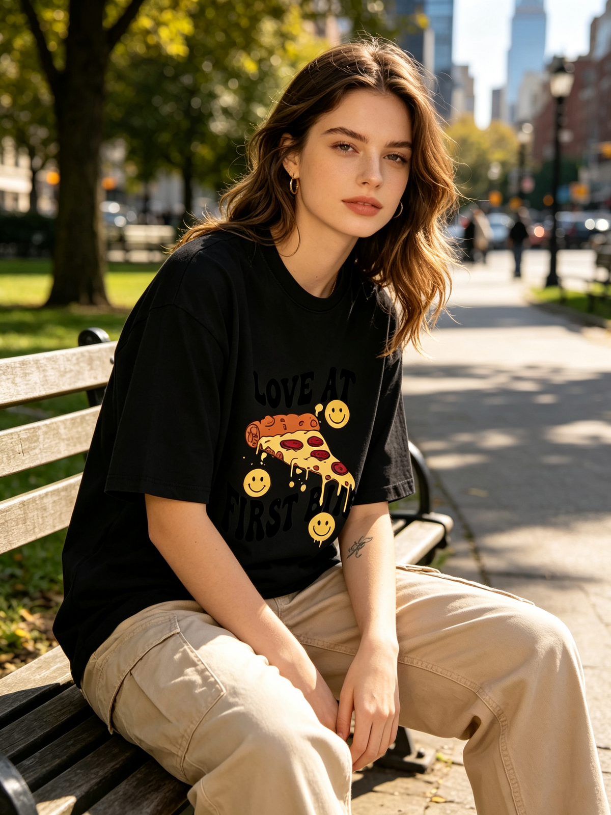 Women's Casual Crew-Neck T-Shirt: Pure Cotton with Fun Pizza-Smiley Print and Vintage Distressed Look