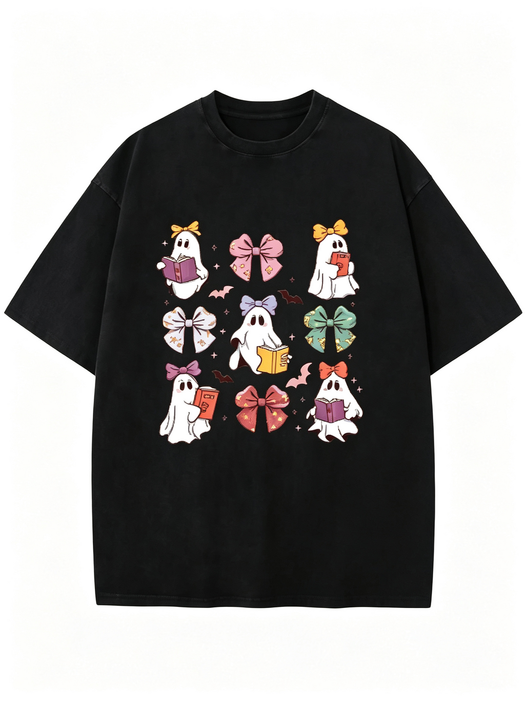 Women's Short-Sleeve Cotton T-Shirt – Fun Halloween Ghost & Bow Print – Vintage Distressed Style