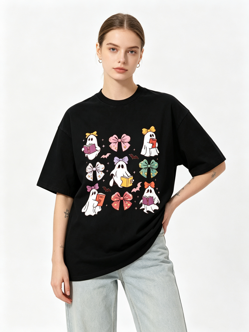 Women's Short-Sleeve Cotton T-Shirt – Fun Halloween Ghost & Bow Print – Vintage Distressed Style