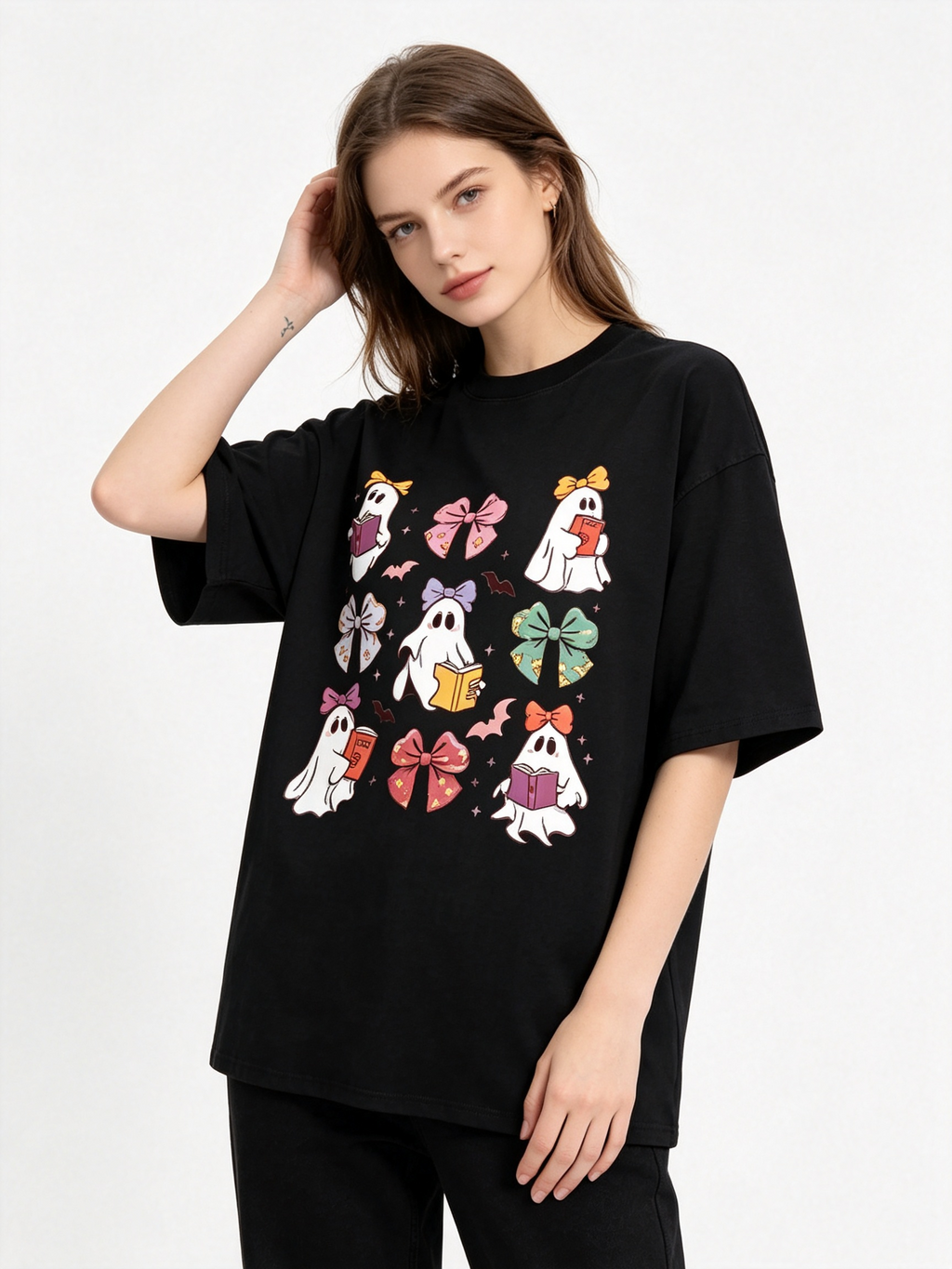 Women's Short-Sleeve Cotton T-Shirt – Fun Halloween Ghost & Bow Print – Vintage Distressed Style