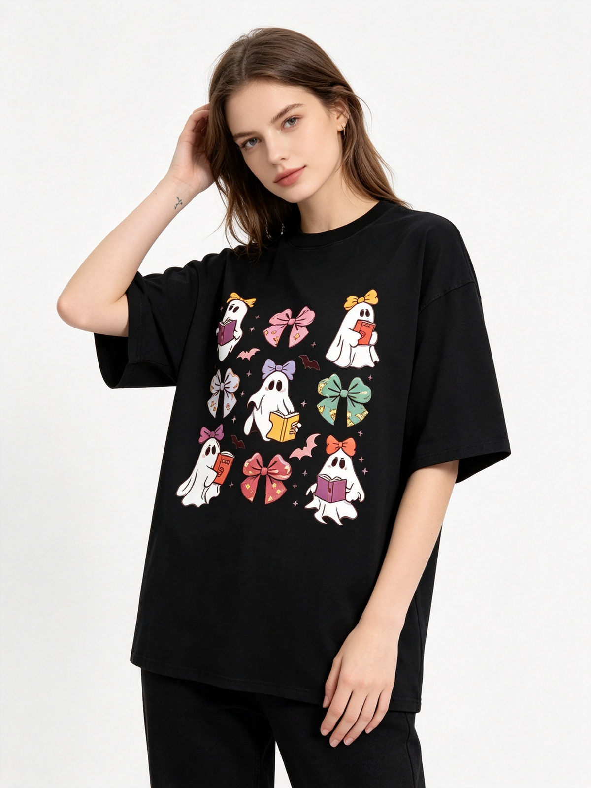 Women's Short-Sleeve Cotton T-Shirt – Fun Halloween Ghost & Bow Print – Vintage Distressed Style