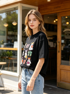 Women's Short-Sleeve Cotton T-Shirt – Fun Halloween Ghost & Bow Print – Vintage Distressed Style