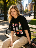 Women's Short-Sleeve Cotton T-Shirt – Fun Halloween Ghost & Bow Print – Vintage Distressed Style