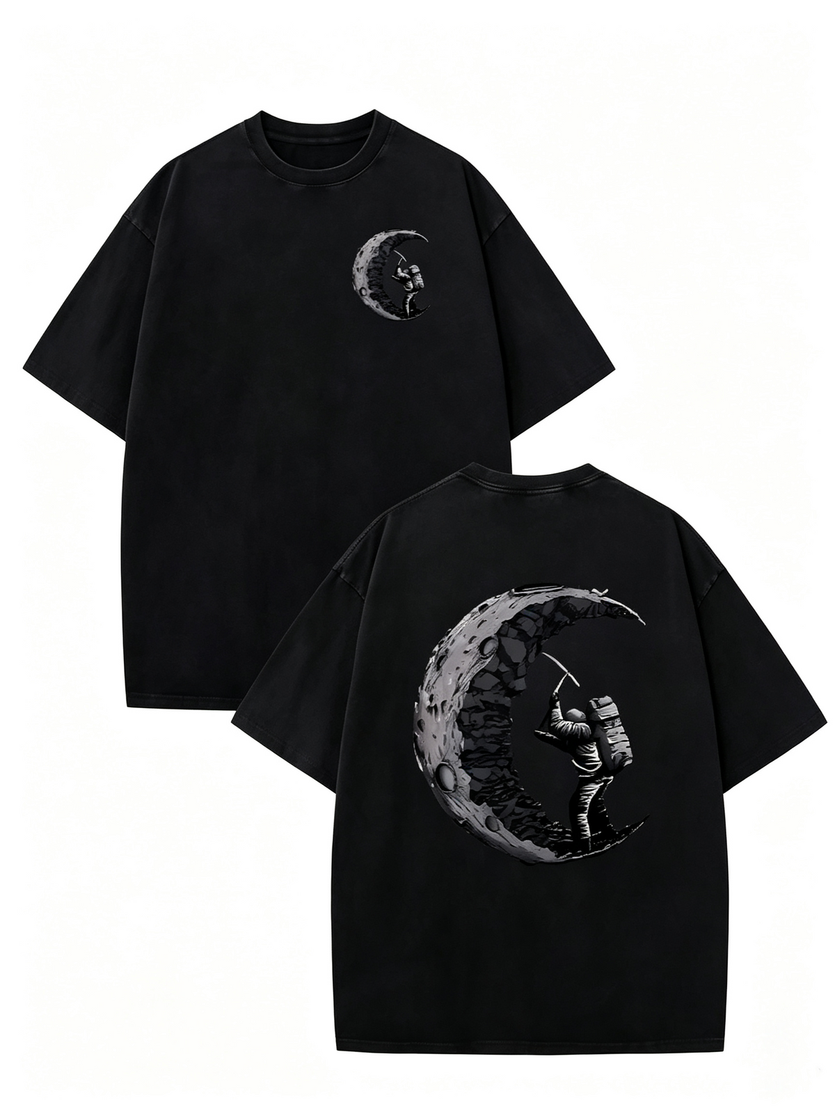 Distressed Pure Cotton Short-Sleeve T-Shirt – Trendy Women's Crew-Neck Top Featuring "Astronaut Fishing on the Moon" Graphic Print on Front and Back