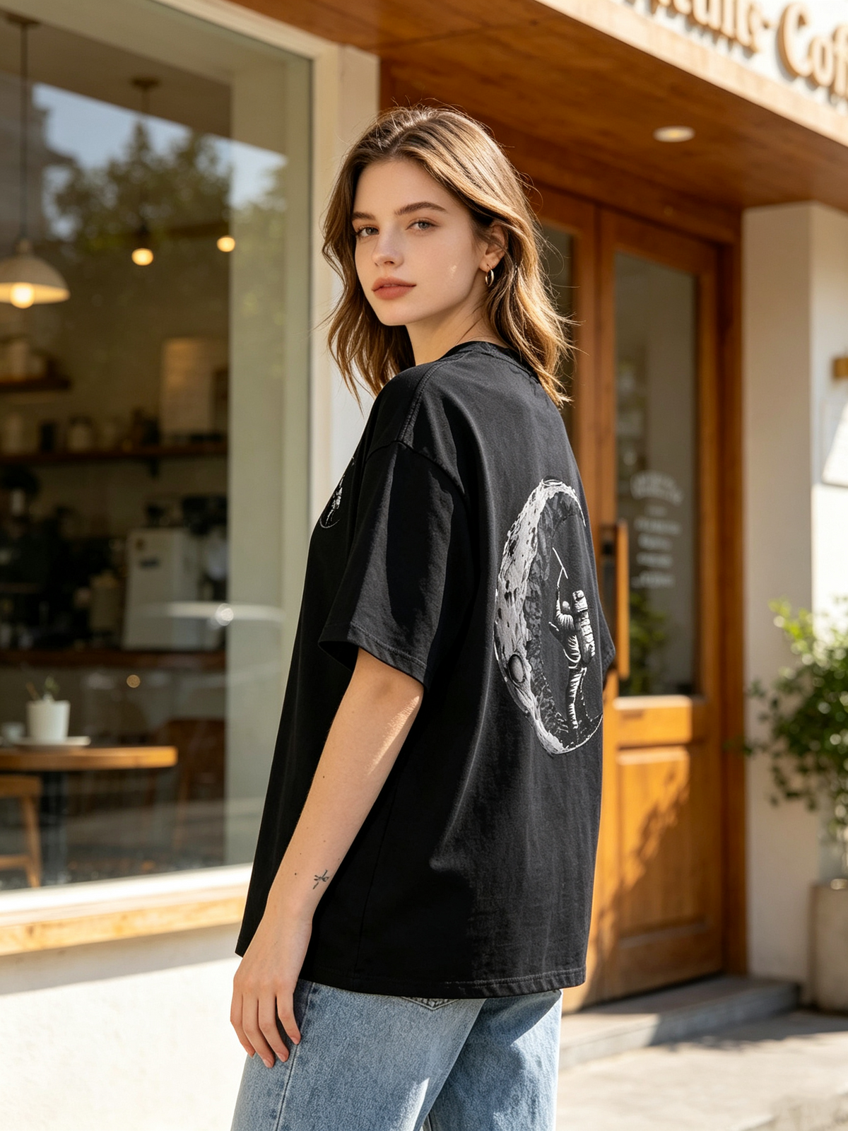 Distressed Pure Cotton Short-Sleeve T-Shirt – Trendy Women's Crew-Neck Top Featuring "Astronaut Fishing on the Moon" Graphic Print on Front and Back