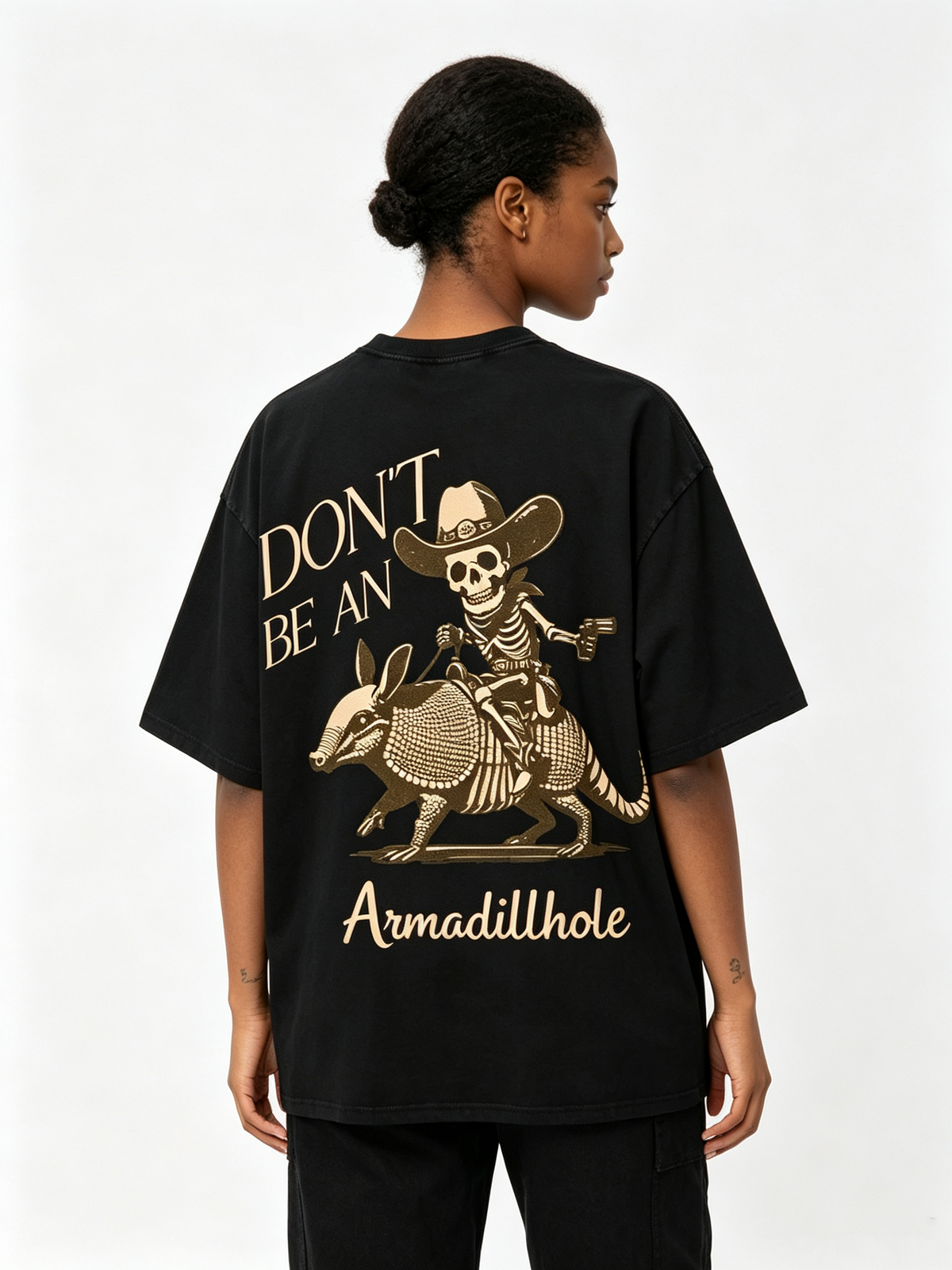 Oversized Unisex Cotton T-Shirt Featuring a Western-Style Skeleton Cowboy Riding an Armadillo; Vintage-Style Washed Finish with a Fun, Quirky Graphic Print.