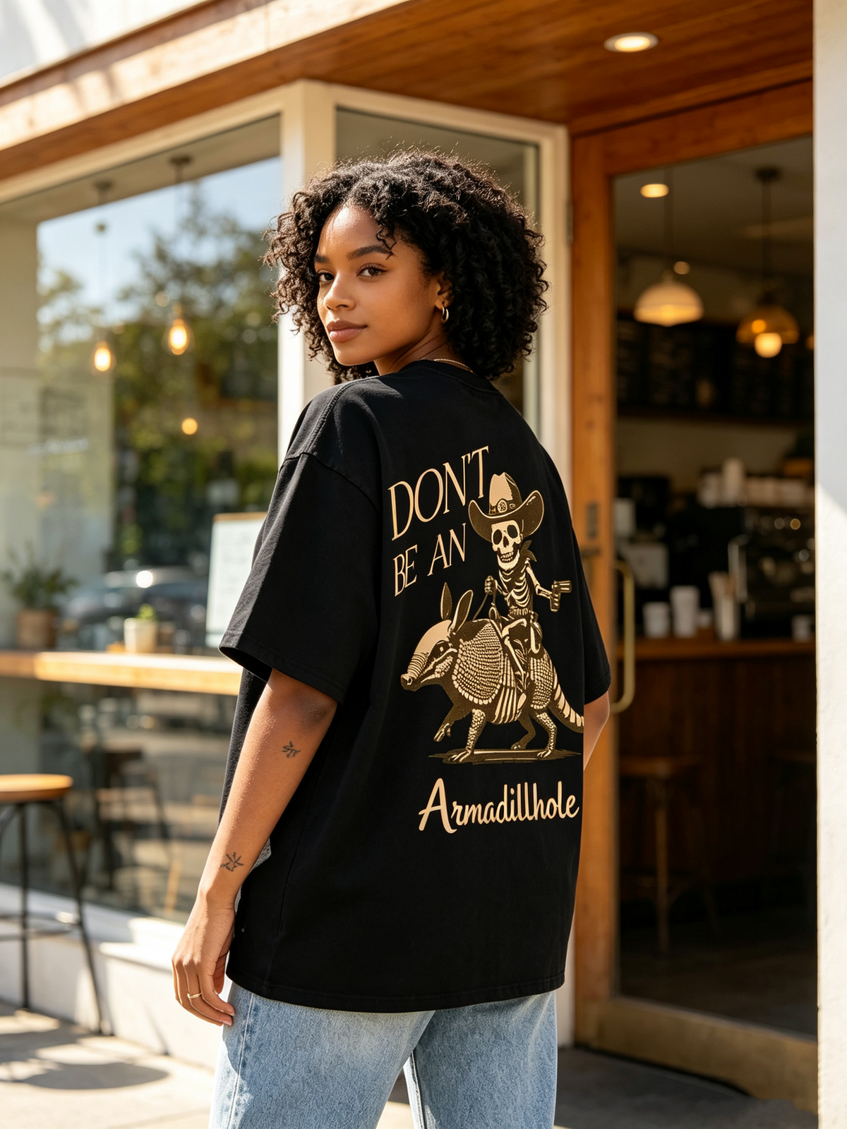 Oversized Unisex Cotton T-Shirt Featuring a Western-Style Skeleton Cowboy Riding an Armadillo; Vintage-Style Washed Finish with a Fun, Quirky Graphic Print.