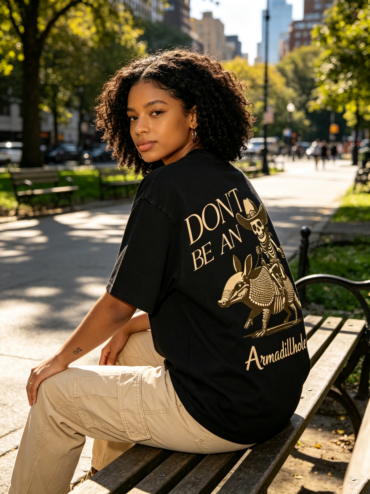 Oversized Unisex Cotton T-Shirt Featuring a Western-Style Skeleton Cowboy Riding an Armadillo; Vintage-Style Washed Finish with a Fun, Quirky Graphic Print.
