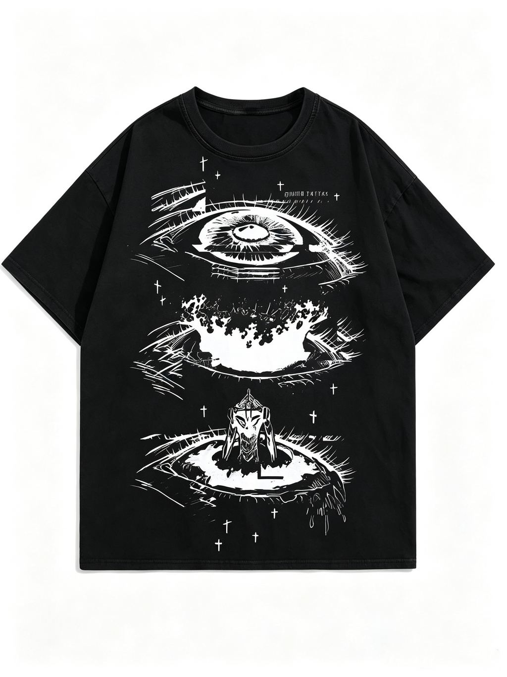 Heavyweight Oversized Women's T-Shirt: Dark Sketch-Style Eye & Cross Print, American Subculture Distressed Washed Cotton
