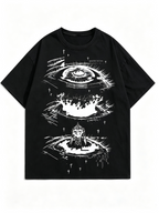 Heavyweight Oversized Women's T-Shirt: Dark Sketch-Style Eye & Cross Print, American Subculture Distressed Washed Cotton