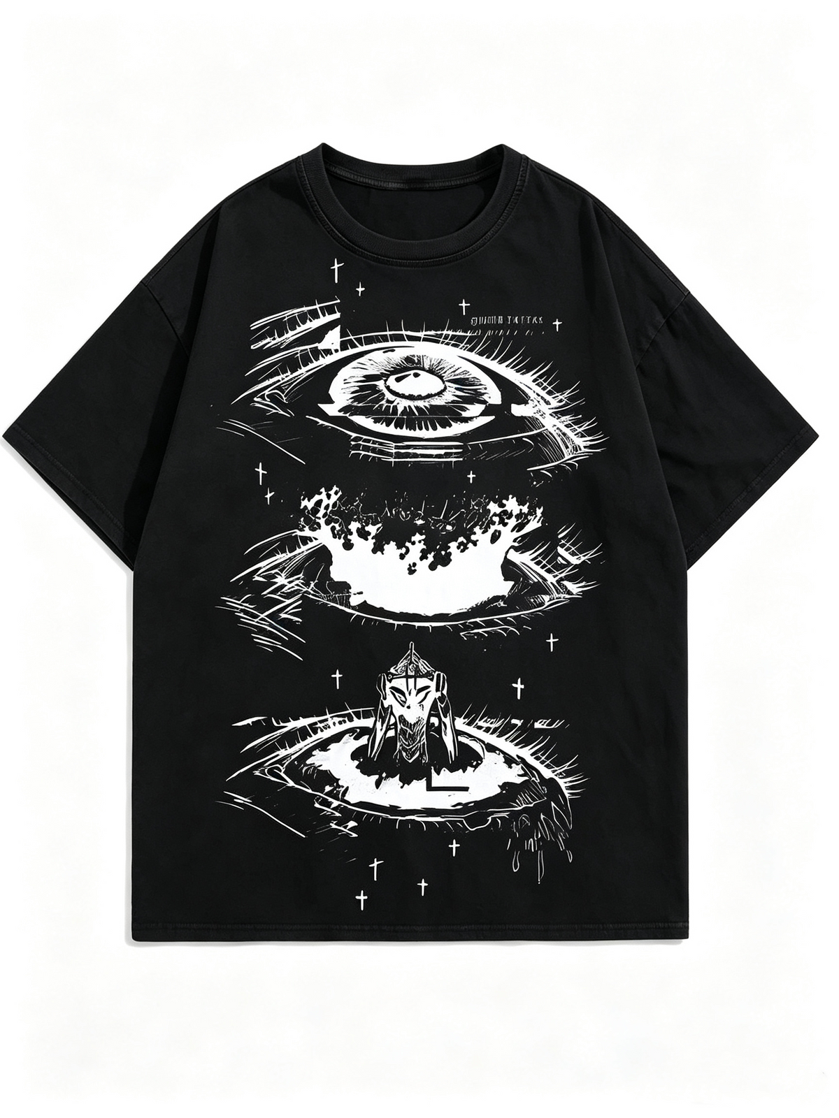 Heavyweight Oversized Women's T-Shirt: Dark Sketch-Style Eye & Cross Print, American Subculture Distressed Washed Cotton