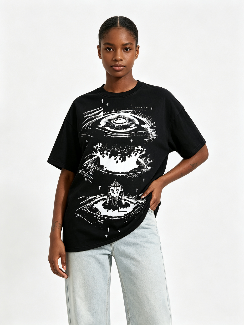 Heavyweight Oversized Women's T-Shirt: Dark Sketch-Style Eye & Cross Print, American Subculture Distressed Washed Cotton