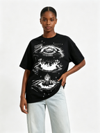 Heavyweight Oversized Women's T-Shirt: Dark Sketch-Style Eye & Cross Print, American Subculture Distressed Washed Cotton