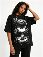 Heavyweight Oversized Women's T-Shirt: Dark Sketch-Style Eye & Cross Print, American Subculture Distressed Washed Cotton