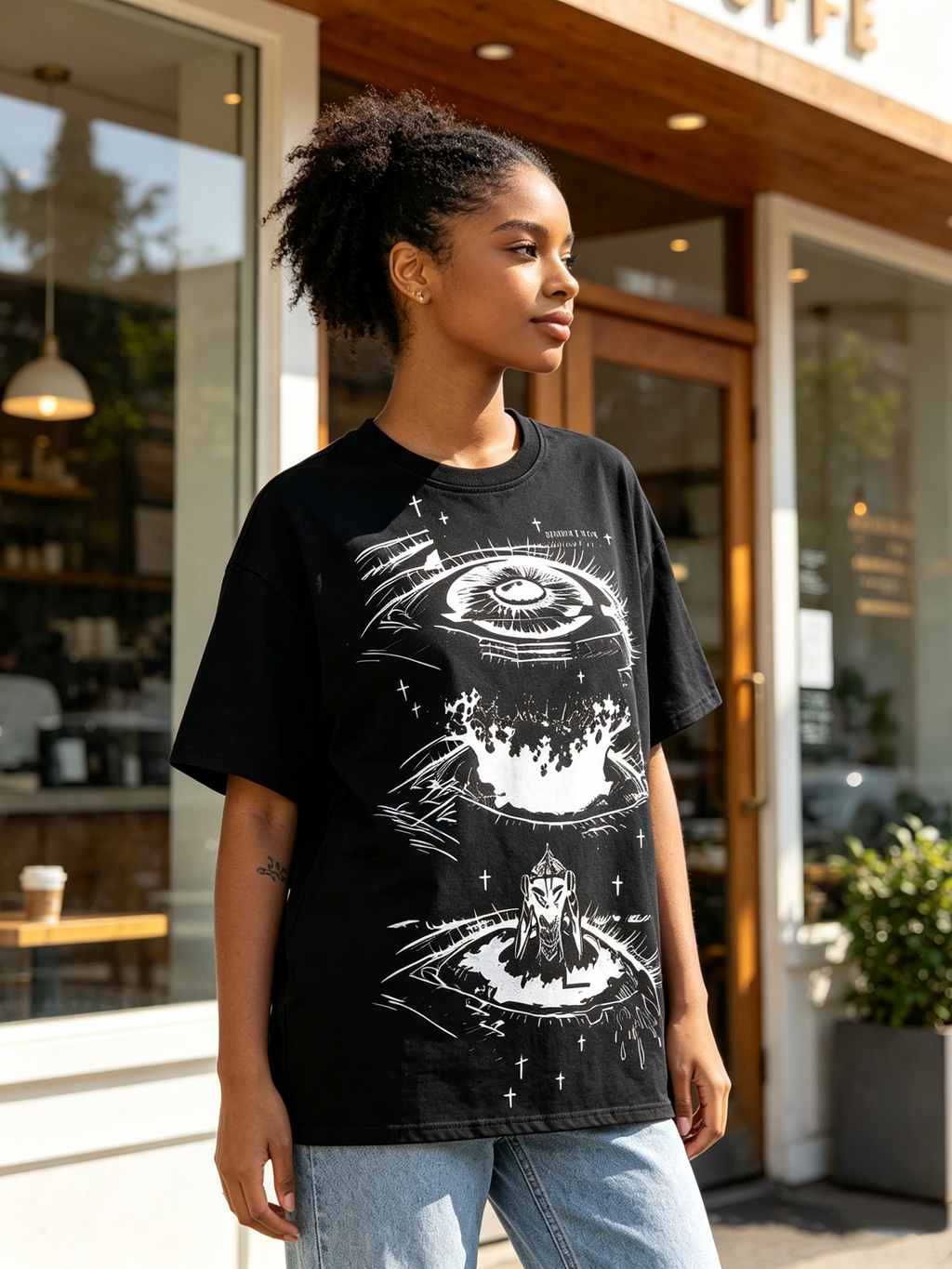 Heavyweight Oversized Women's T-Shirt: Dark Sketch-Style Eye & Cross Print, American Subculture Distressed Washed Cotton
