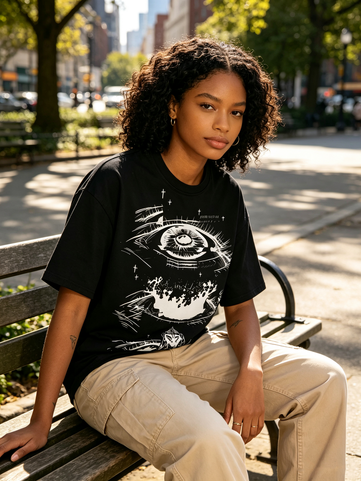Heavyweight Oversized Women's T-Shirt: Dark Sketch-Style Eye & Cross Print, American Subculture Distressed Washed Cotton
