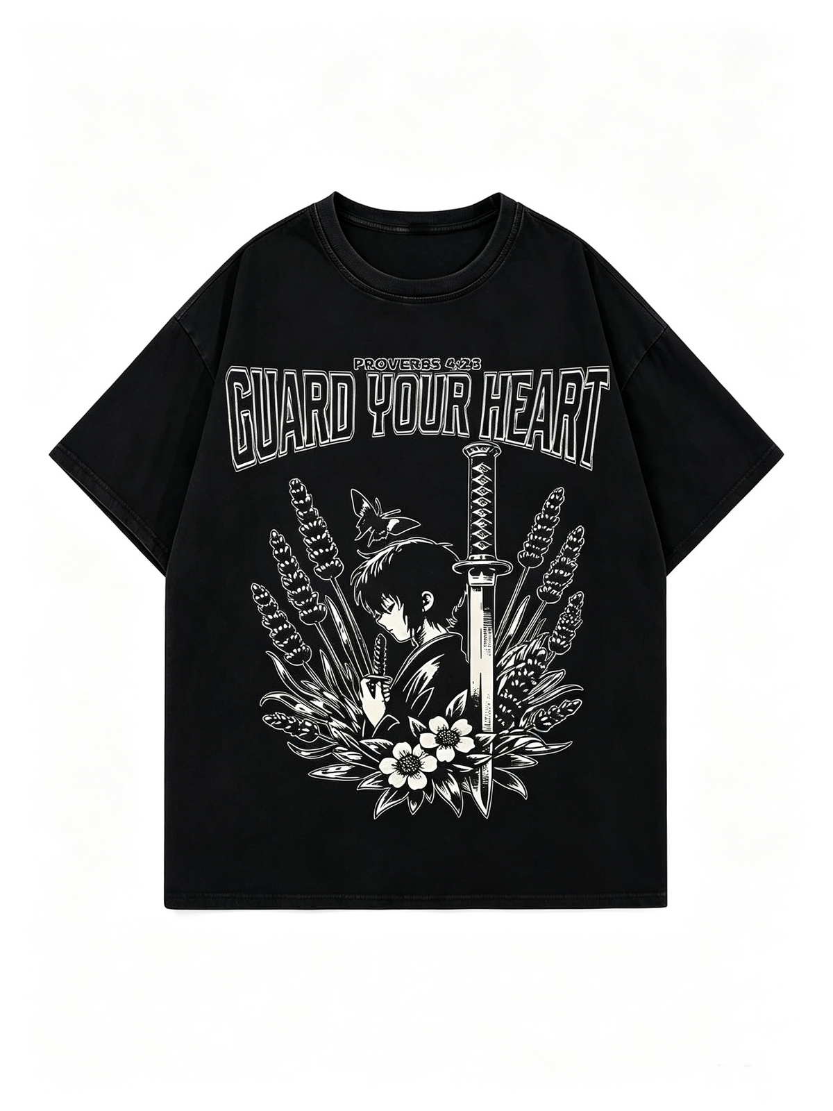 Vintage-style anime graphic T-shirt: 100% cotton, drop-shoulder, lavender and butterfly motif, retro streetwear short-sleeve top.