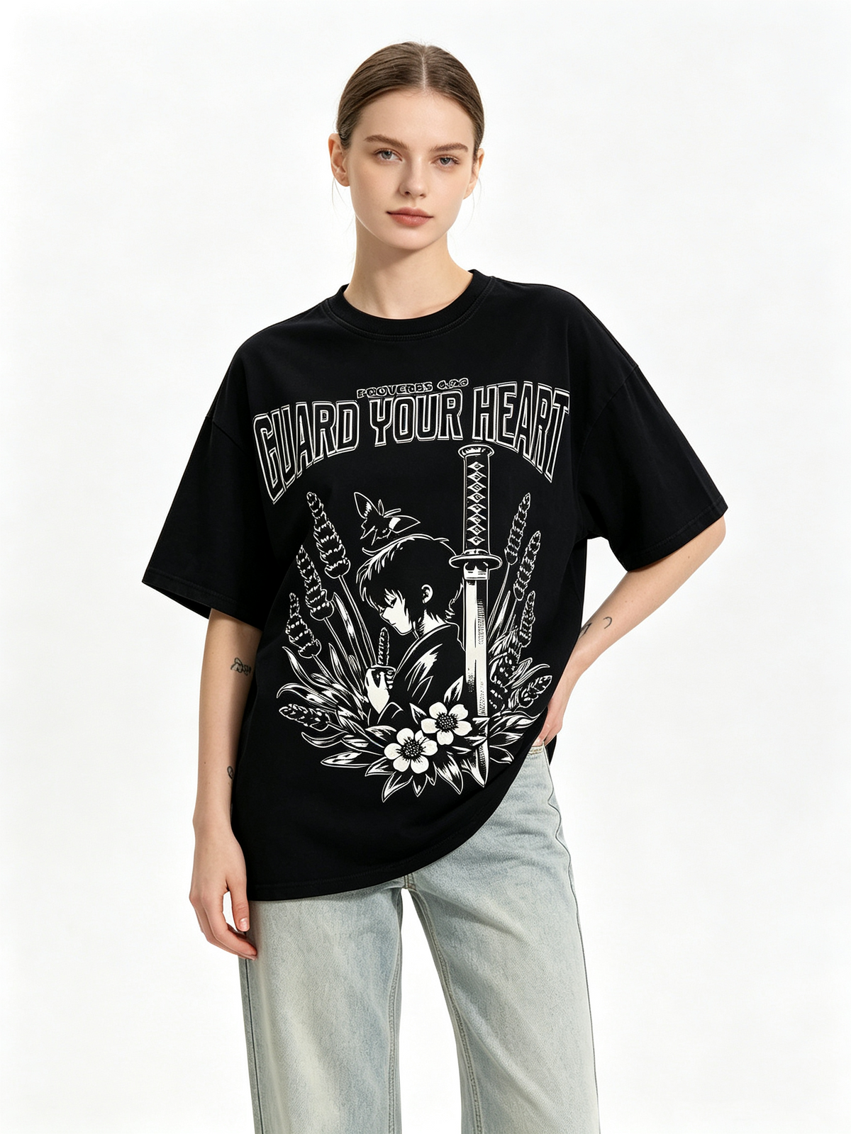 Vintage-style anime graphic T-shirt: 100% cotton, drop-shoulder, lavender and butterfly motif, retro streetwear short-sleeve top.