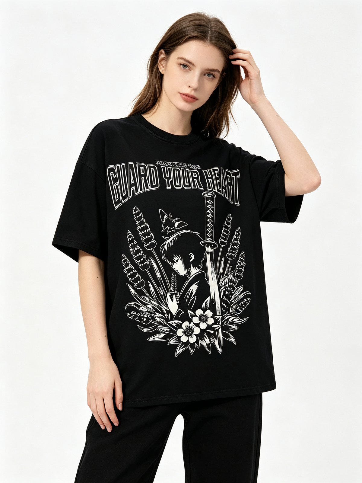 Vintage-style anime graphic T-shirt: 100% cotton, drop-shoulder, lavender and butterfly motif, retro streetwear short-sleeve top.