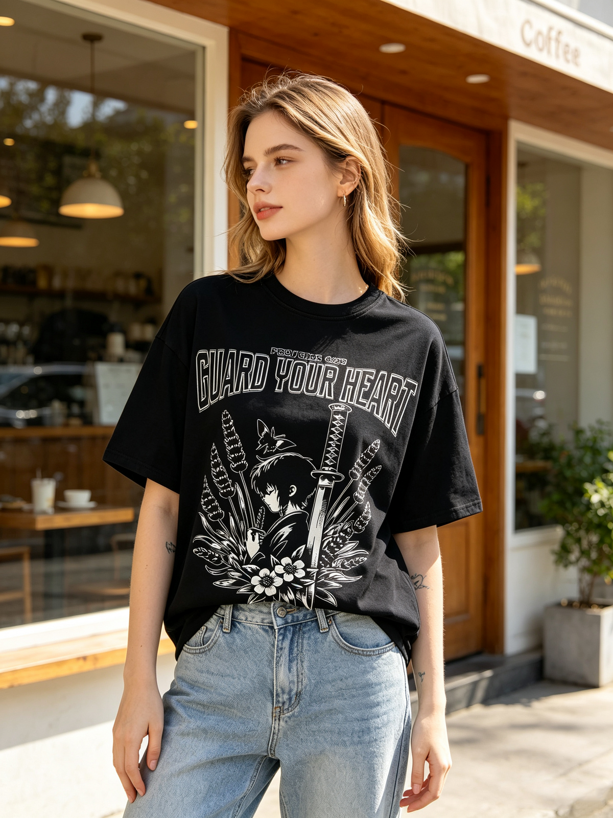 Vintage-style anime graphic T-shirt: 100% cotton, drop-shoulder, lavender and butterfly motif, retro streetwear short-sleeve top.
