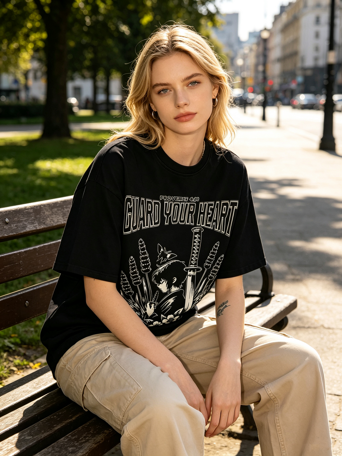 Vintage-style anime graphic T-shirt: 100% cotton, drop-shoulder, lavender and butterfly motif, retro streetwear short-sleeve top.