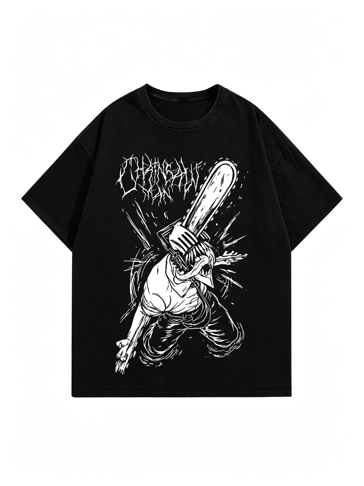 American-style subculture dark anime print T-shirt: 100% cotton, drop-shoulder, punk/heavy metal streetwear short-sleeve top.