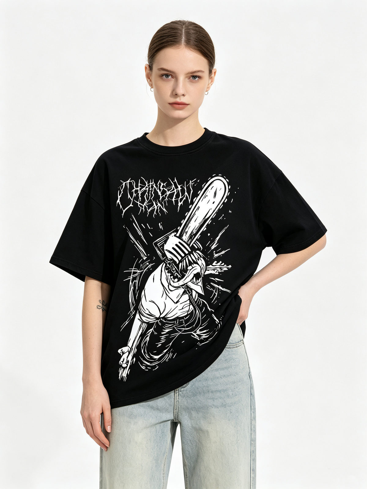 American-style subculture dark anime print T-shirt: 100% cotton, drop-shoulder, punk/heavy metal streetwear short-sleeve top.