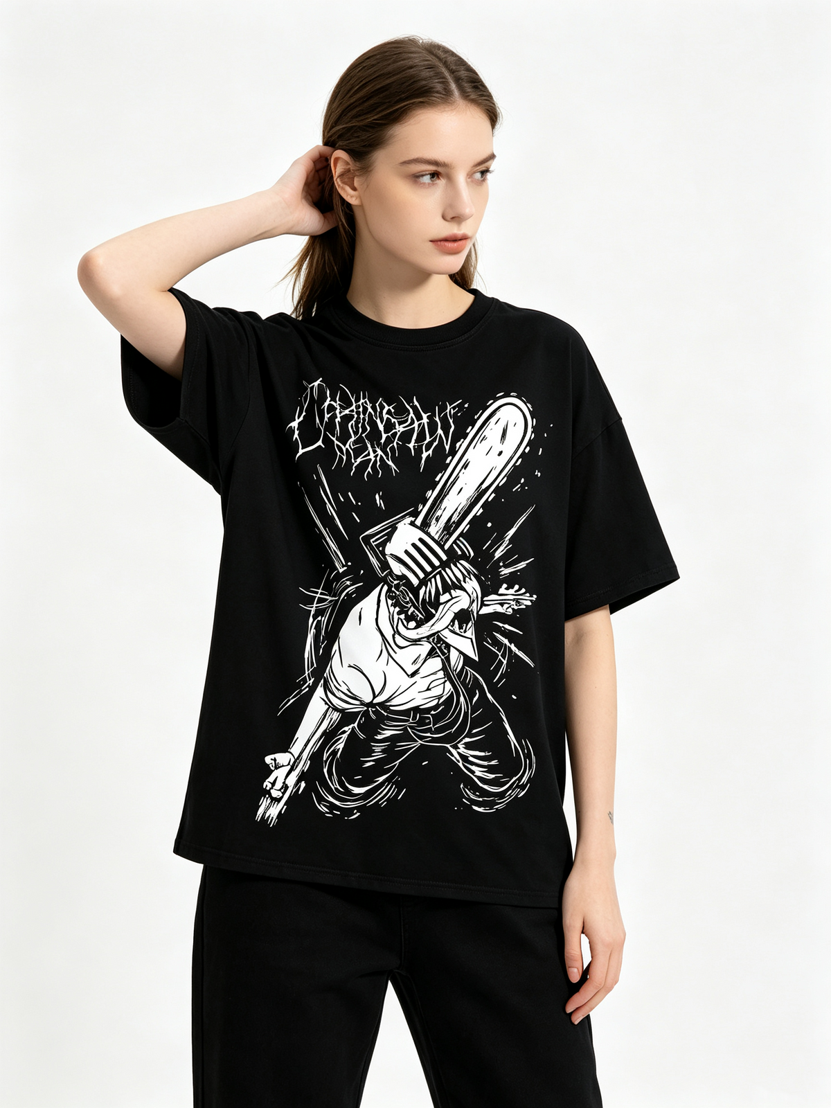 American-style subculture dark anime print T-shirt: 100% cotton, drop-shoulder, punk/heavy metal streetwear short-sleeve top.