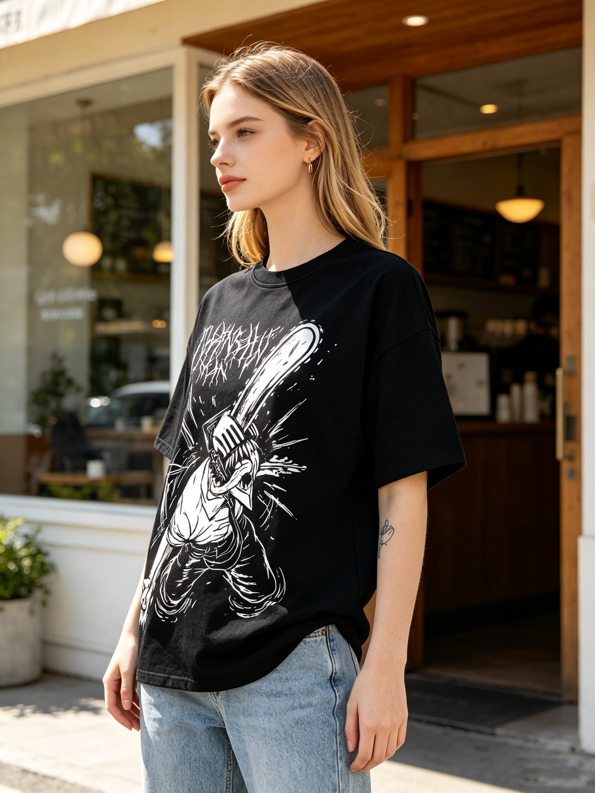 American-style subculture dark anime print T-shirt: 100% cotton, drop-shoulder, punk/heavy metal streetwear short-sleeve top.