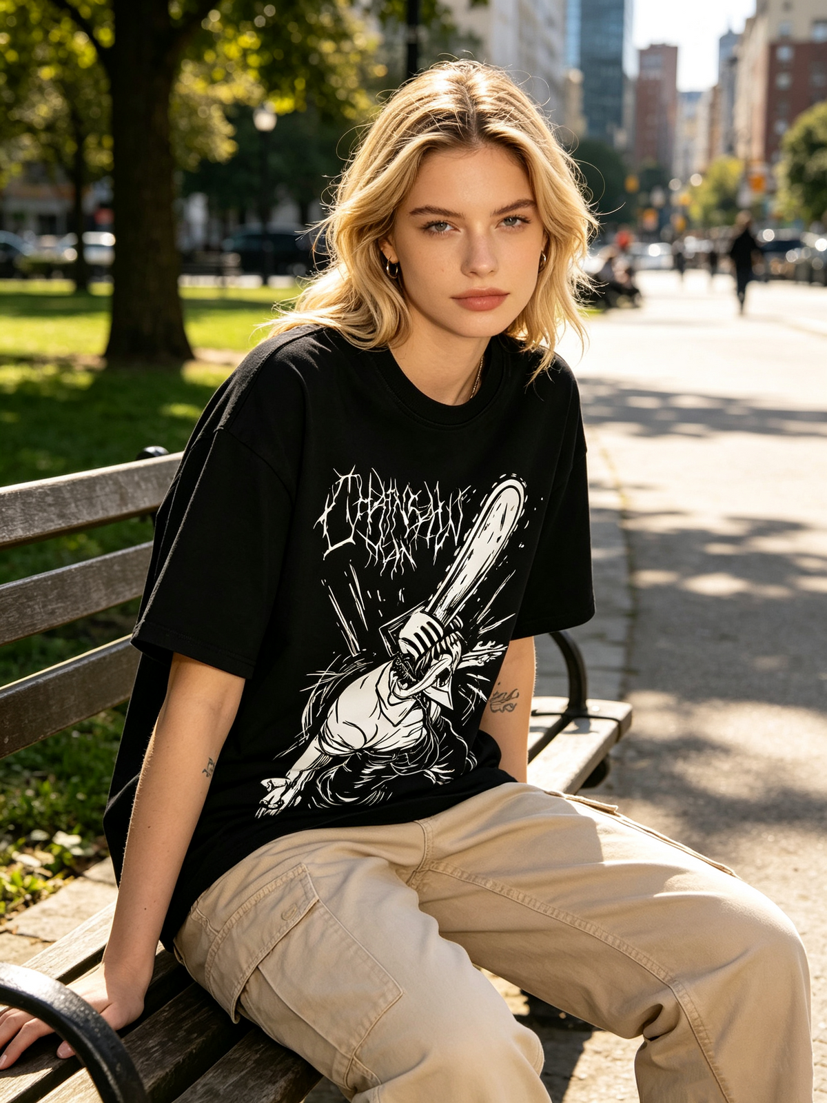 American-style subculture dark anime print T-shirt: 100% cotton, drop-shoulder, punk/heavy metal streetwear short-sleeve top.
