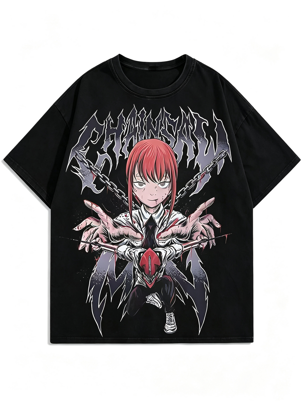 Dark Anime Makima Print Cotton T-Shirt – Heavyweight, Oversized Women's Short-Sleeve Tee with Distressed/Washed Finish and Death Metal Aesthetic