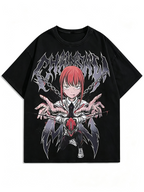 Dark Anime Makima Print Cotton T-Shirt – Heavyweight, Oversized Women's Short-Sleeve Tee with Distressed/Washed Finish and Death Metal Aesthetic