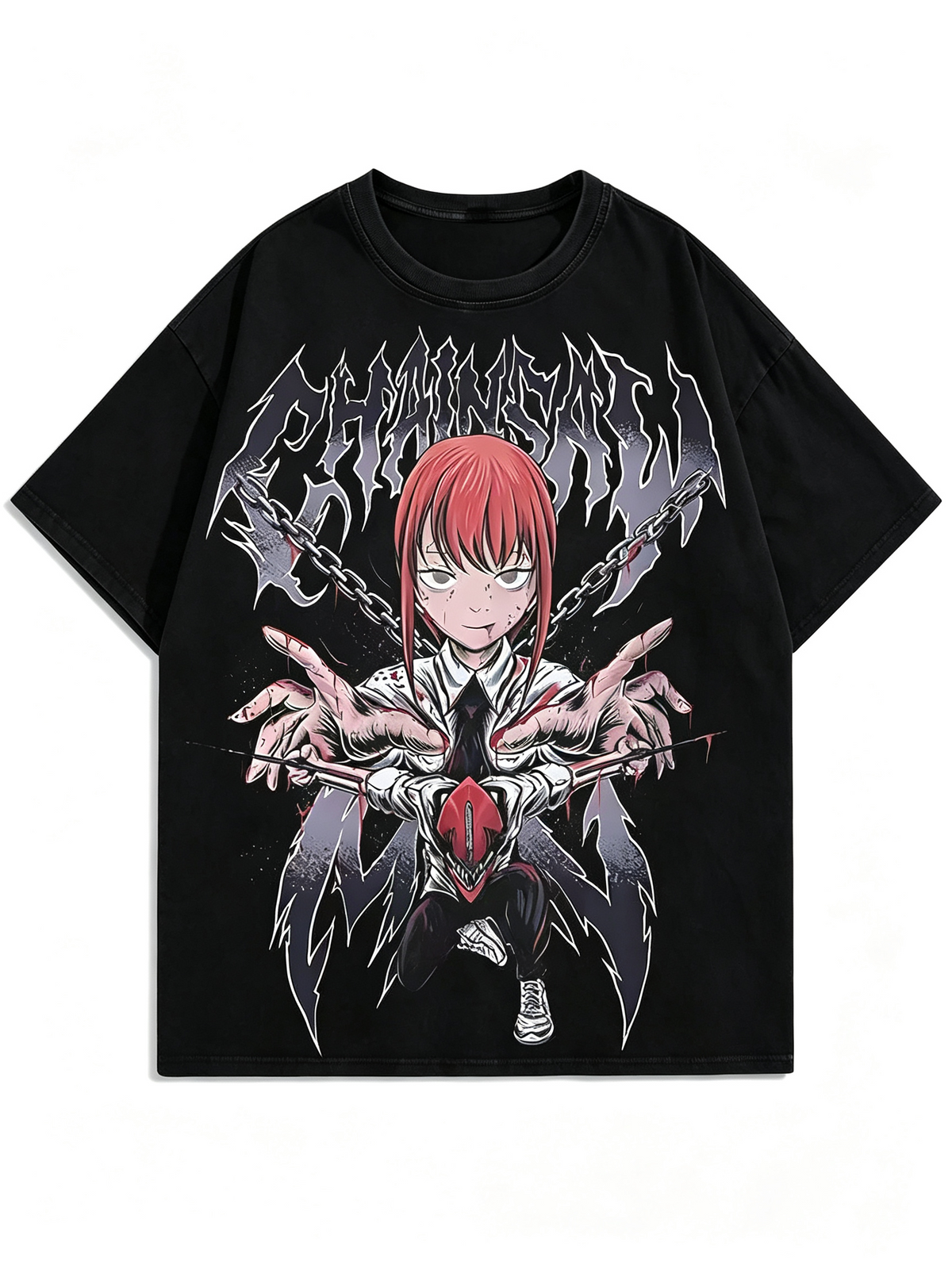 Dark Anime Makima Print Cotton T-Shirt – Heavyweight, Oversized Women's Short-Sleeve Tee with Distressed/Washed Finish and Death Metal Aesthetic
