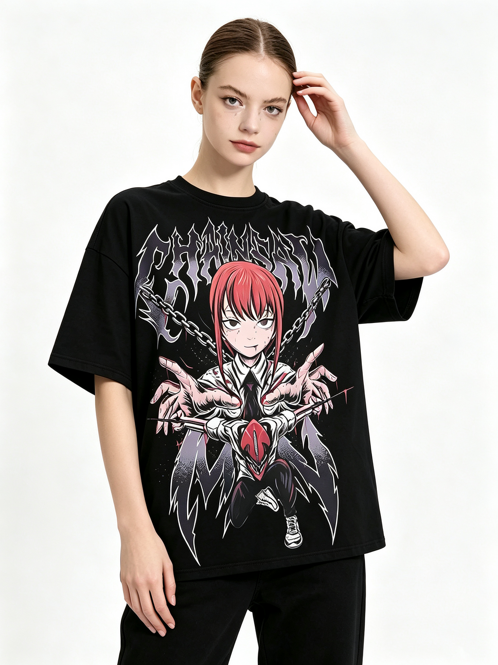 Dark Anime Makima Print Cotton T-Shirt – Heavyweight, Oversized Women's Short-Sleeve Tee with Distressed/Washed Finish and Death Metal Aesthetic