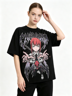 Dark Anime Makima Print Cotton T-Shirt – Heavyweight, Oversized Women's Short-Sleeve Tee with Distressed/Washed Finish and Death Metal Aesthetic