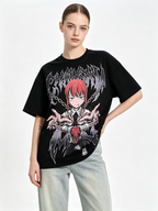 Dark Anime Makima Print Cotton T-Shirt – Heavyweight, Oversized Women's Short-Sleeve Tee with Distressed/Washed Finish and Death Metal Aesthetic