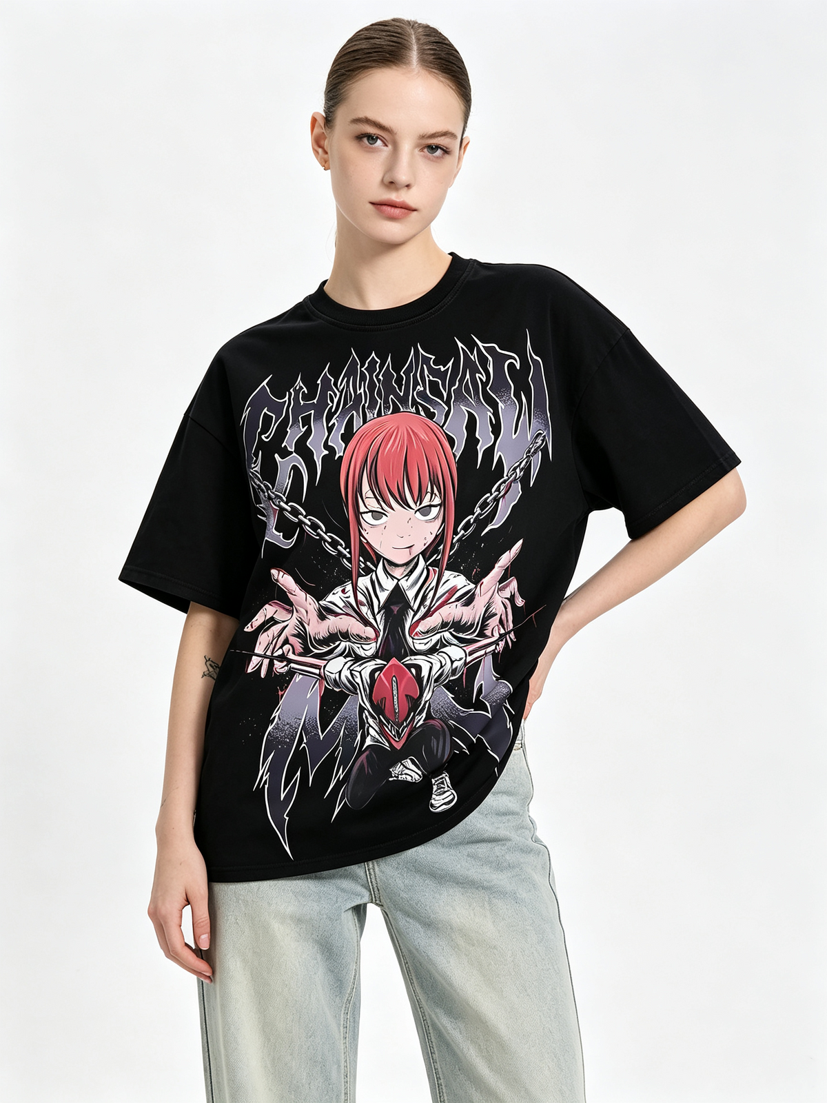 Dark Anime Makima Print Cotton T-Shirt – Heavyweight, Oversized Women's Short-Sleeve Tee with Distressed/Washed Finish and Death Metal Aesthetic