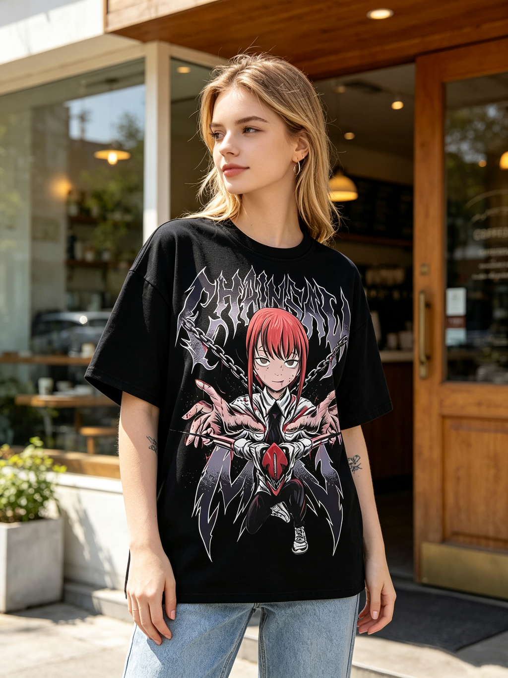 Dark Anime Makima Print Cotton T-Shirt – Heavyweight, Oversized Women's Short-Sleeve Tee with Distressed/Washed Finish and Death Metal Aesthetic
