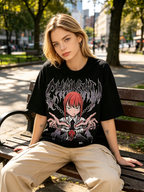 Dark Anime Makima Print Cotton T-Shirt – Heavyweight, Oversized Women's Short-Sleeve Tee with Distressed/Washed Finish and Death Metal Aesthetic