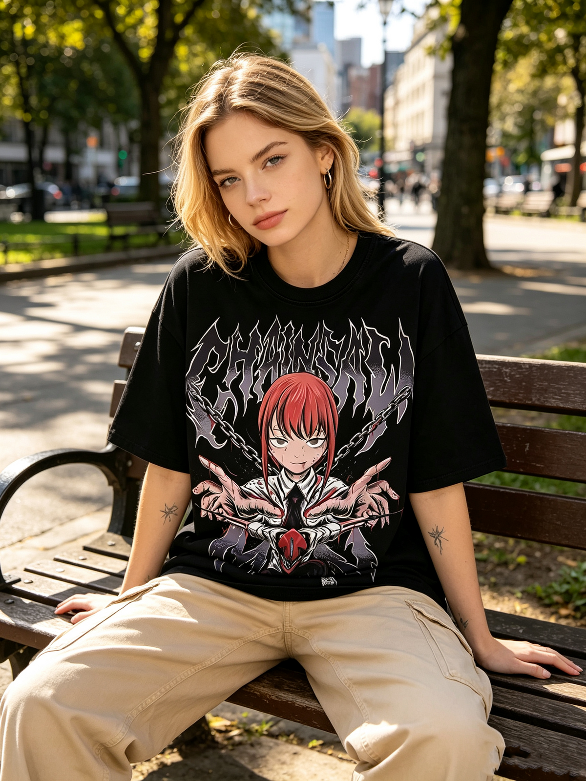 Dark Anime Makima Print Cotton T-Shirt – Heavyweight, Oversized Women's Short-Sleeve Tee with Distressed/Washed Finish and Death Metal Aesthetic