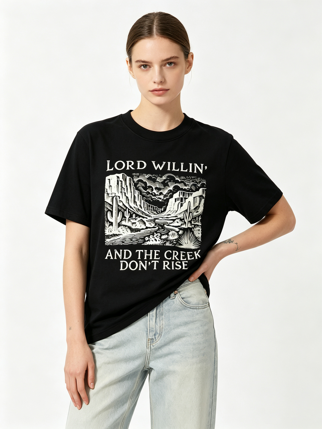 Women's Casual Short-Sleeve T-Shirt – 100% Cotton, Loose Fit, Drop-Shoulder, Vintage Country Style with American Western Landscape Print