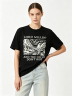 Women's Casual Short-Sleeve T-Shirt – 100% Cotton, Loose Fit, Drop-Shoulder, Vintage Country Style with American Western Landscape Print